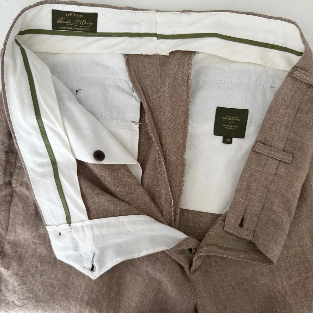 Orvis 100% Linen Pants Mens 36x29 Beige Khaki Trousers Minimalist Resort Wedding